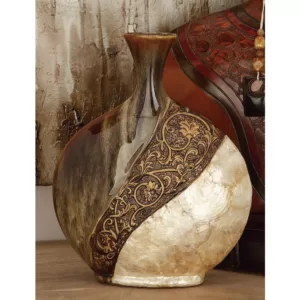 LITTON LANE 14 in. Ceramic and Capiz Urn Decorative Vase in Brown and Gold