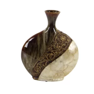 LITTON LANE 14 in. Ceramic and Capiz Urn Decorative Vase in Brown and Gold