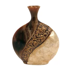 LITTON LANE 14 in. Ceramic and Capiz Urn Decorative Vase in Brown and Gold