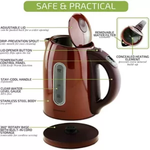 Ovente KS89BR 7-Cup Brown BPA-Free Electric Kettle, 5 Preset Settings with Auto Shut-Off and Boil-Dry Protection