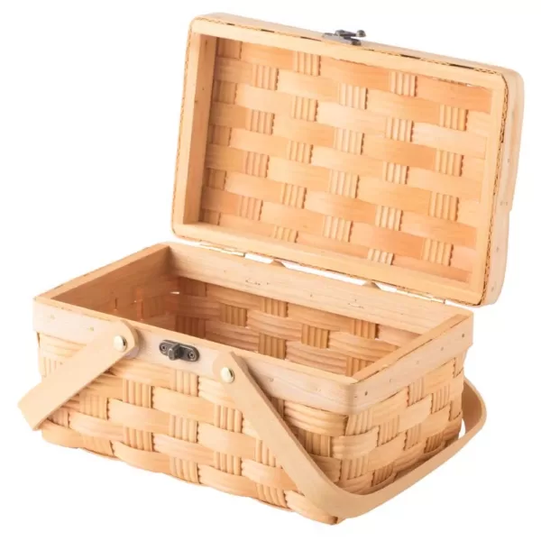 Vintiquewise Small Woodchip Wooden Picnic Basket with Cover and Folding Handles