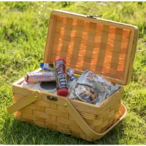 Vintiquewise Small Woodchip Wooden Picnic Basket with Cover and Folding Handles