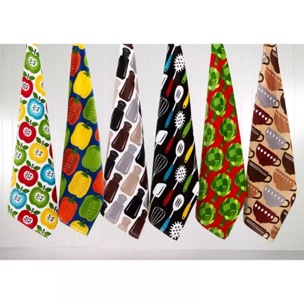 RITZ T-fal Multicolor Coffee Cotton Fiber Reactive Print and Solid Kitchen Dish Towel (Set of 4)