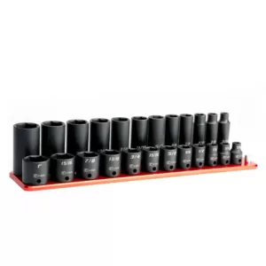 Capri Tools 3/8 in. Drive SAE Shallow and Deep Impact Socket Set with Billet Aluminum Socket Rail (24-Piece)