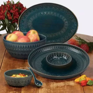 Certified International 12.75 in. Multi-Colored Stoneware Aztec Teal Round Platter