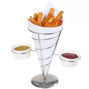 Creative Home Chrome Iron Wire French Fry Set with Single Cone Holder, 2-Ceramic Ramekins for Dipping Sauce