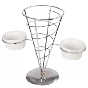 Creative Home Chrome Iron Wire French Fry Set with Single Cone Holder, 2-Ceramic Ramekins for Dipping Sauce