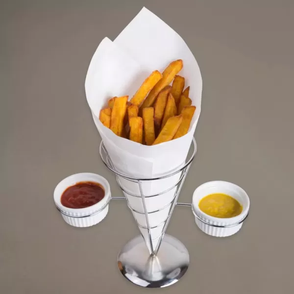 Creative Home Chrome Iron Wire French Fry Set with Single Cone Holder, 2-Ceramic Ramekins for Dipping Sauce