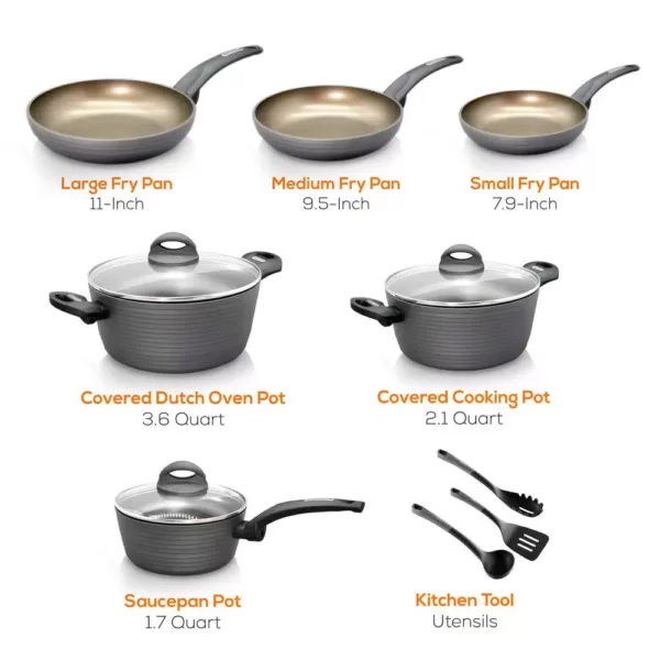 NutriChef Ridge-Line 12-Piece Aluminum Nonstick Cookware Set in Chrome