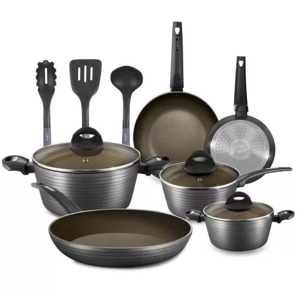 NutriChef Ridge-Line 12-Piece Aluminum Nonstick Cookware Set in Chrome