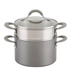 Circulon 3 Qt. Oyster Gray Elementum Hard-Anodized Nonstick Covered Multipot with Steamer Insert