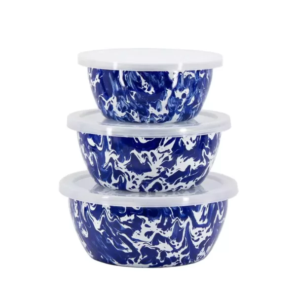 Golden Rabbit Cobalt Swirl 3-Piece Enamelware Bowl Set with Lid