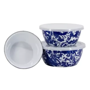 Golden Rabbit Cobalt Swirl 3-Piece Enamelware Bowl Set with Lid