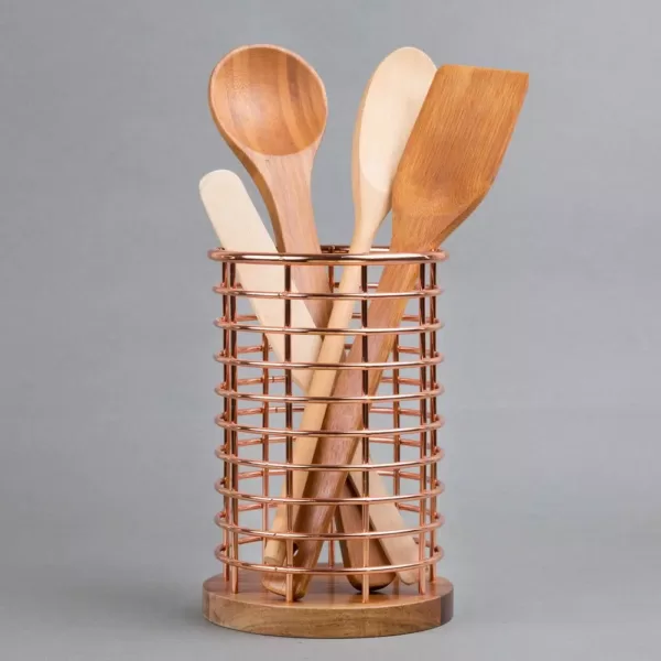 Creative Home Deluxe Acacia Copper Wood and Iron Wire Utensil Tool Holder Crock