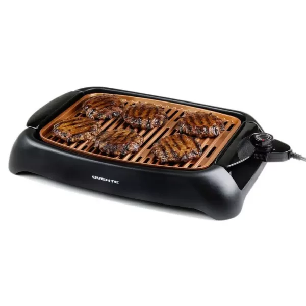 Ovente 1000-Watt Portable Electric Indoor Smokeless Grill with Non-Stick Aluminum Grilling Plate and Oil Drip Pan, Copper