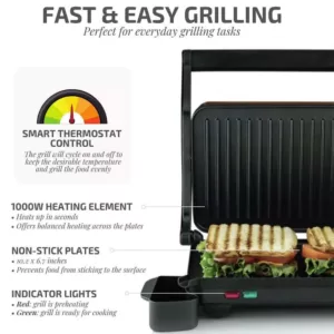 Ovente Copper Electric Panini Press Grill, 2-Slice 1000-Watt Heating Plate, Drip Tray Included