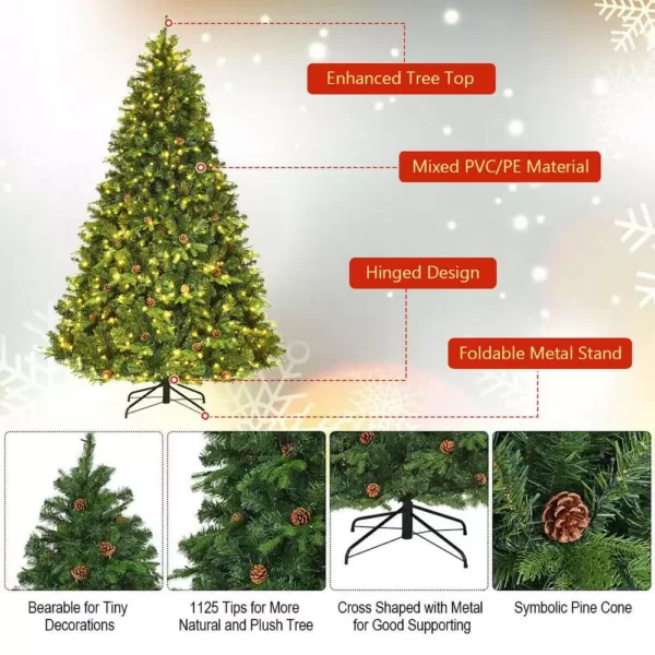 Costway 7.5 ft. Pre-Lit Artificial Christmas Tree Hinged with 540 LED Lights and Pine Cones