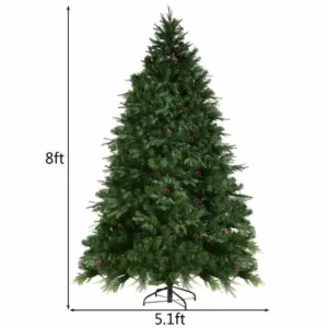 Costway 8 ft. Pre-Lit LED Artificial Christmas Tree Hinged with 600 LED Lights and Pine Cones