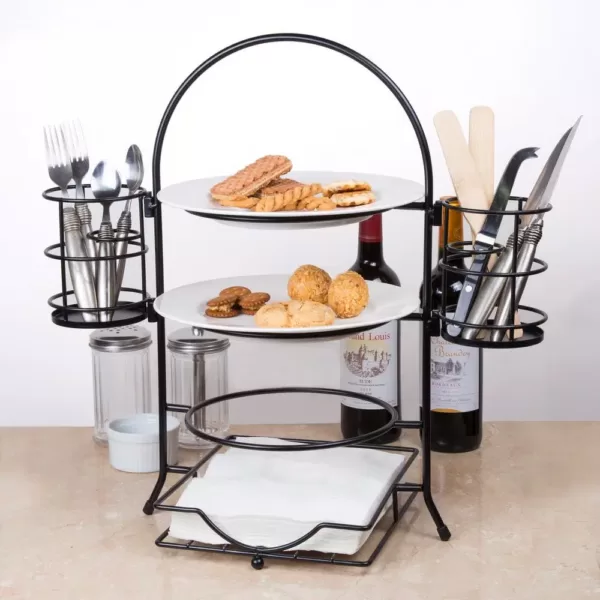 Creative Home 3-Tier Black Buffet Caddy Serving Rack With 2-Detachable Napkin Flatware Holders