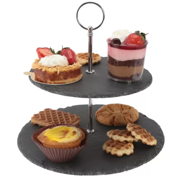 Creative Home 2-Tier Black Natural Slate Cake Stand Dessert Serving Plate Party Food Server