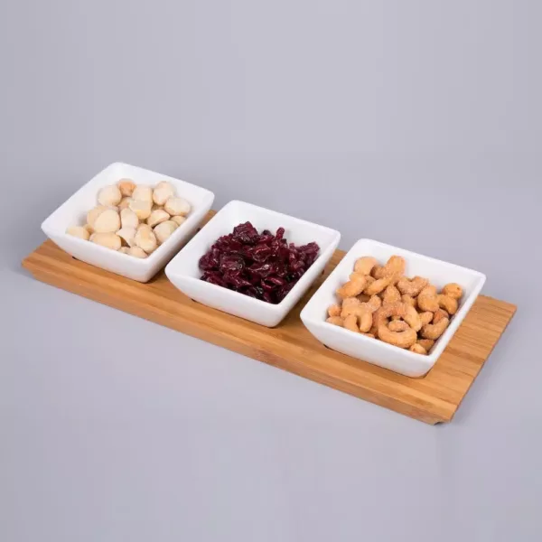 Creative Home 4-Pieces Stoneware Square Bowls and Natural Bamboo Serving Dishes for Parties Rectangular Tray Snack Serving Set