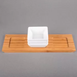 Creative Home 4-Pieces Stoneware Square Bowls and Natural Bamboo Serving Dishes for Parties Rectangular Tray Snack Serving Set