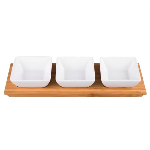 Creative Home 4-Pieces Stoneware Square Bowls and Natural Bamboo Serving Dishes for Parties Rectangular Tray Snack Serving Set