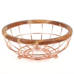 Creative Home Deluxe Acacia Copper Plated Wood and Iron Wire Fruit Basket Fruit Bowl