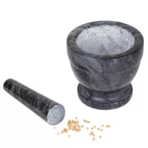 Creative Home 5-1/4 in. Natural Black Marble Mortar and Pestle Set with Kitchen Spices, Herbs, Grinder