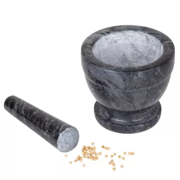 Creative Home 5-1/4 in. Natural Black Marble Mortar and Pestle Set with Kitchen Spices, Herbs, Grinder