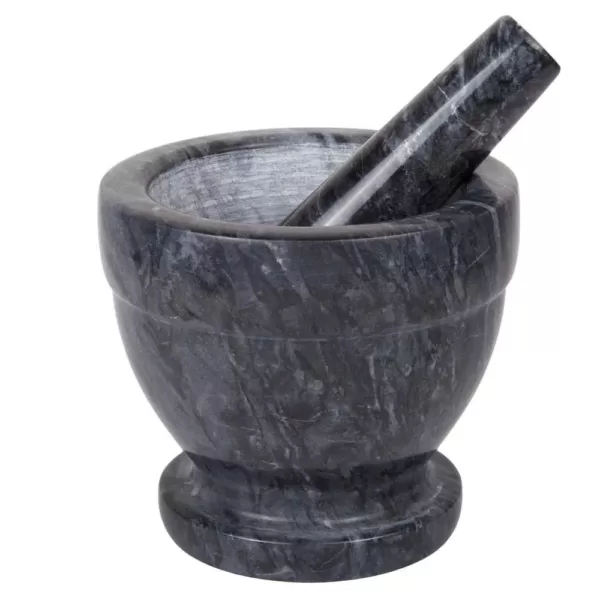 Creative Home 5-1/4 in. Natural Black Marble Mortar and Pestle Set with Kitchen Spices, Herbs, Grinder