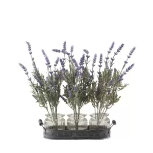 D&W Silks Indoor Lavender Branches in Glass Jars Set On Oval Metal Tray