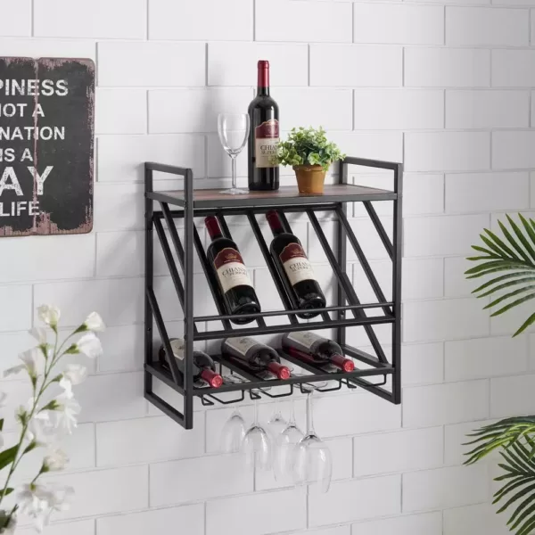 DANYA B 12-Bottle Black Wood Wall Mount Wine Rack with Stemware Organizer