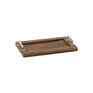 LITTON LANE Brown Rectangular Tray with Silver Stainless Steel Handles