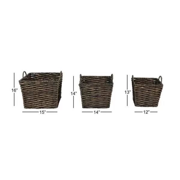 LITTON LANE Large Square Water Hyacinth Wicker Dark Brown Storage Baskets (Set of 3)