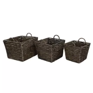 LITTON LANE Large Square Water Hyacinth Wicker Dark Brown Storage Baskets (Set of 3)