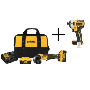 DEWALT 20-Volt MAX XR Cordless Brushless 4-1/2 in. Small Angle Grinder, (2) 20-Volt 6.0Ah Batteries & 1/4 in. Impact Driver