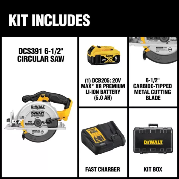 DEWALT 20-Volt MAX Cordless 6-1/2 in. Circular Saw with (1) 20-Volt Battery 5.0Ah & Charger