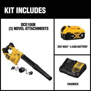 DEWALT 20-Volt MAX Cordless Compact Jobsite Blower 135 MPH 100 CFM with (1) 20-Volt 4.0Ah Battery & Charger