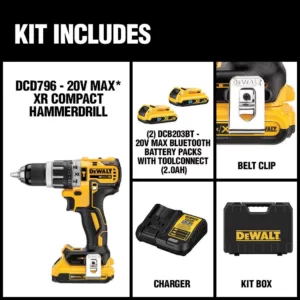 DEWALT 20-Volt MAX XR with Tool Connect Cordless Brushless 1/2 in. Hammer Drill/Driver with (2) 20-Volt 2.0Ah Bluetooth Battery