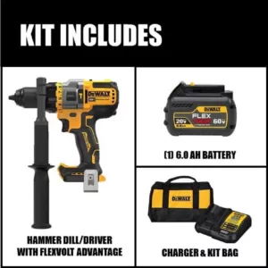 DEWALT 20-Volt MAX Cordless Brushless 1/2 in. Hammer Drill/Driver with FLEXVOLT ADVANTAGE with (1) FLEXVOLT 6.0Ah Battery