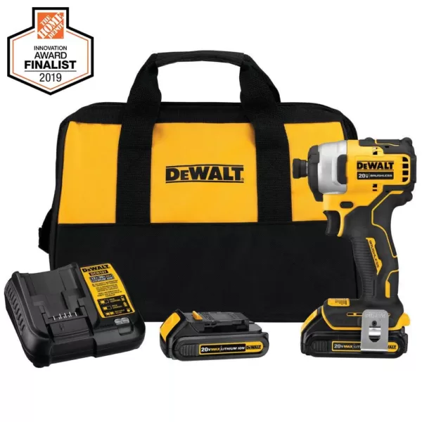 DEWALT ATOMIC 20-Volt MAX Cordless Brushless Compact 1/4 in. Impact Driver, (2) 20-Volt 1.3Ah Batteries, Charger & Bag