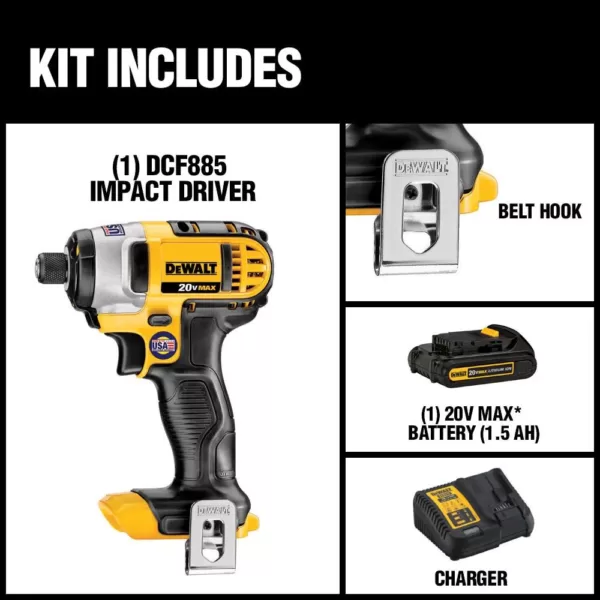 DEWALT 20-Volt MAX Cordless 1/4 in. Impact Driver, (1) 20-Volt 1.3Ah Battery, Charger & Bag