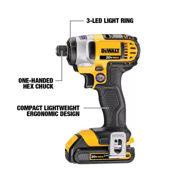 DEWALT 20-Volt MAX Cordless 1/4 in. Impact Driver, (2) 20-Volt 1.3Ah Batteries, Charger, Bag & 28-Pieces Screwdriving Set