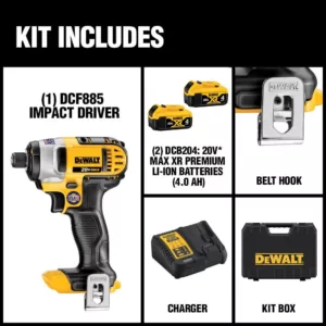 DEWALT 20-Volt MAX Cordless 1/4 in. Impact Driver, (2) 20-Volt 4.0Ah Batteries, Charger & Bag