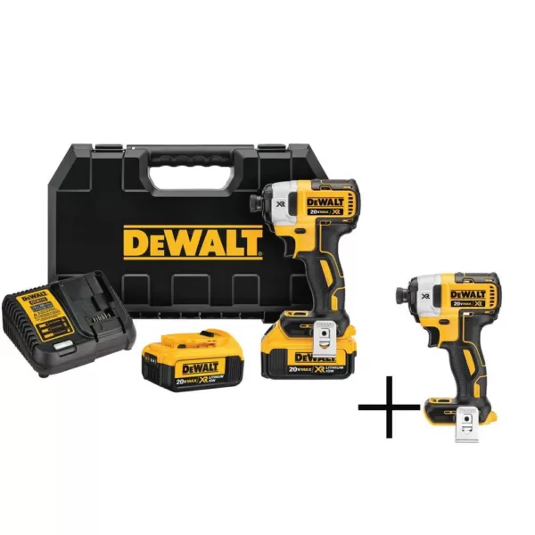 DEWALT 20-Volt MAX XR Lithium-Ion Cordless Brushless 1/4 in. Impact Driver, 2 Batteries 4 Ah, Charger, and Free Impact Driver