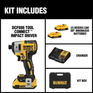 DEWALT 20-Volt MAX XR with Tool Connect Cordless Brushless 1/4 in. Impact Driver with (2) 20-Volt 2.0Ah Batteries & Charger