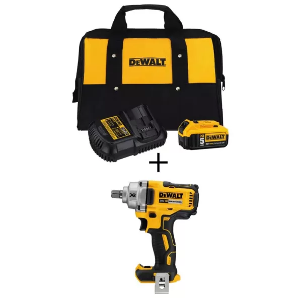 DEWALT 20-Volt MAX XR Cordless Brushless 1/2 in. Mid-Range Impact Wrench Detent Pin Anvil, (1) 20-Volt 5.0Ah Battery & Charger