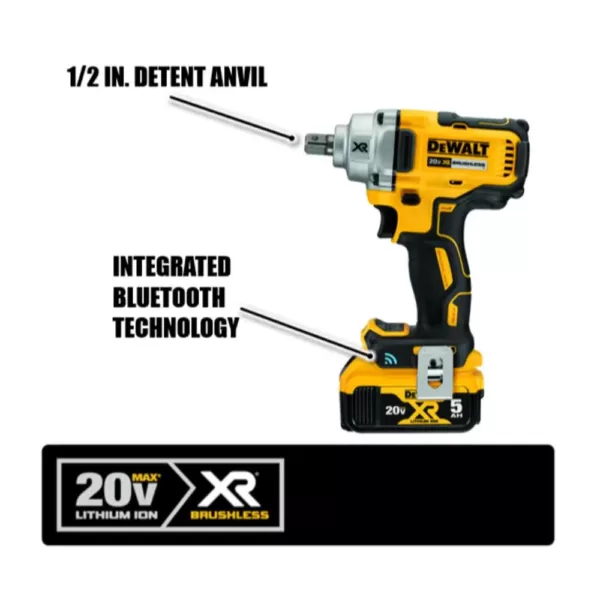 DEWALT 20-Volt MAX XR Cordless Brushless 1/2 in. Mid-Range Impact Wrench Detent Pin, Tool Connect & (2) 20-Volt 5.0Ah Batteries