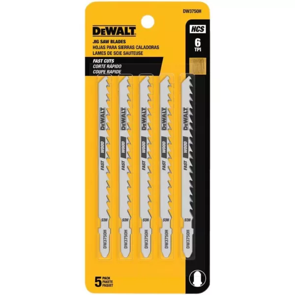 DEWALT 4 in. 6 TPI Fast Wood Cutting Jig Saw Blade HCS T-Shank (5-Pack)